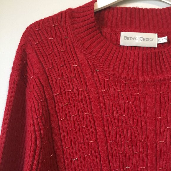 Vintage 80s Cherry Red Cable Knit Beaded Ribbed Sleeve Sweater - Picture 3 of 16
